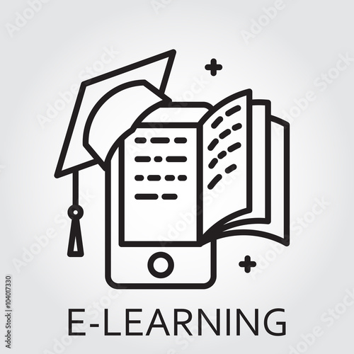 Line vector icon with a picture of e-learning as square academic cap book monitor