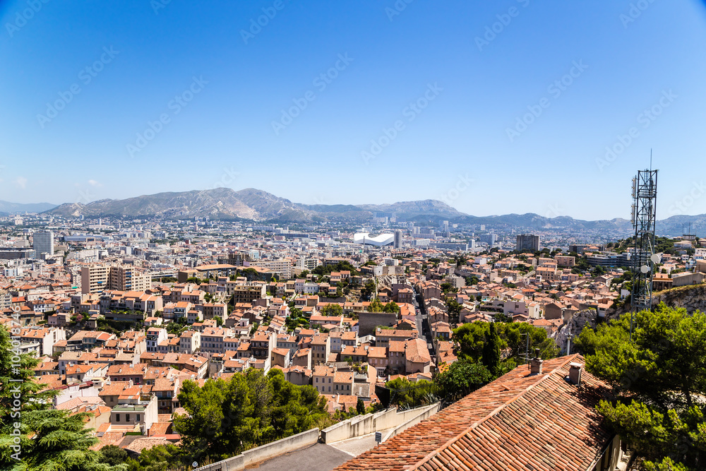 Marseille. View of the city and surrounding mountains from the Garde hill