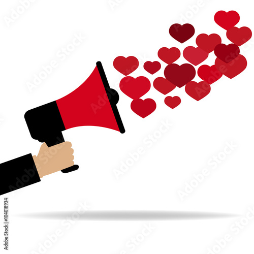Red megaphone from which fly out of the heart