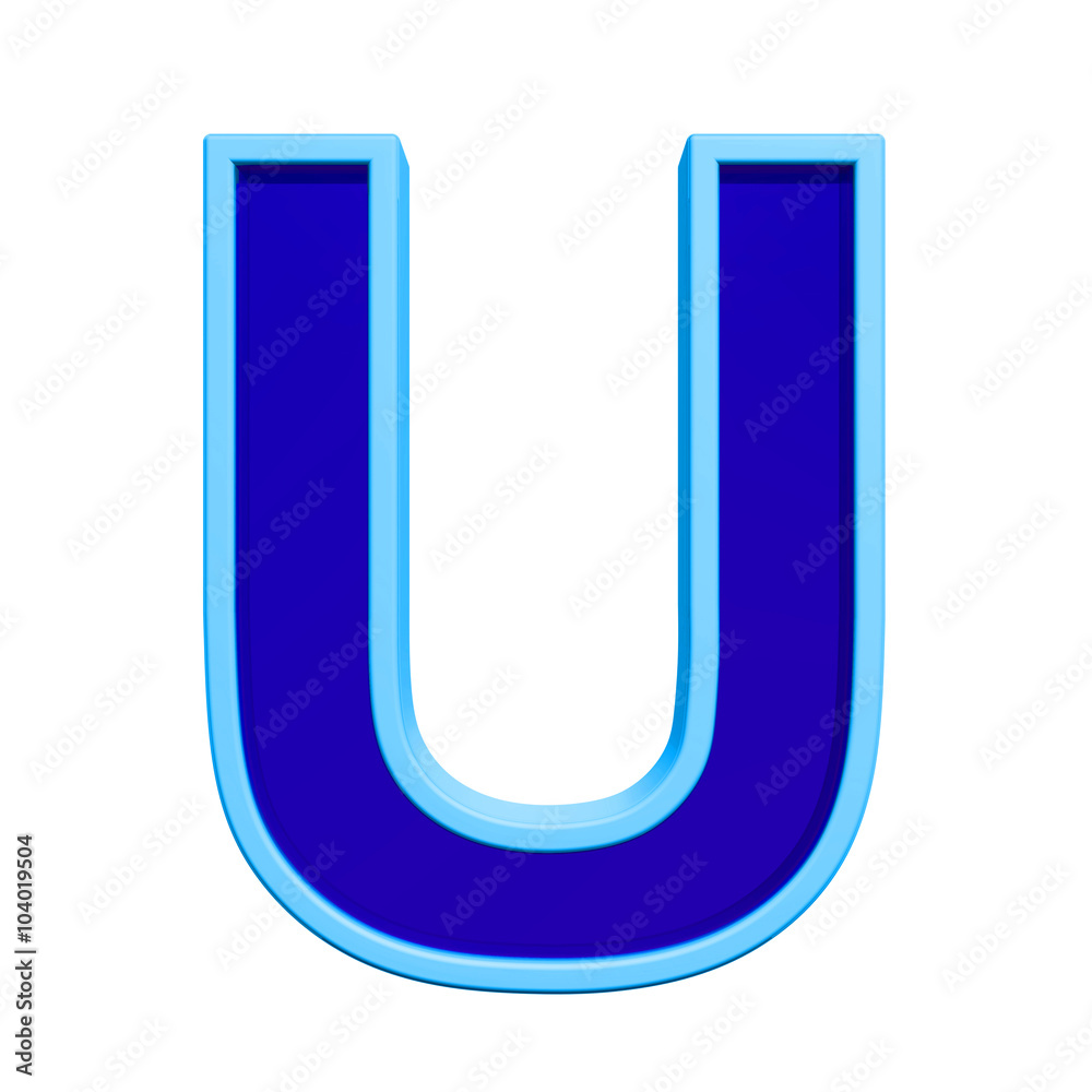 One letter from blue glass with frame alphabet set, isolated on white. Computer generated 3D photo rendering.
