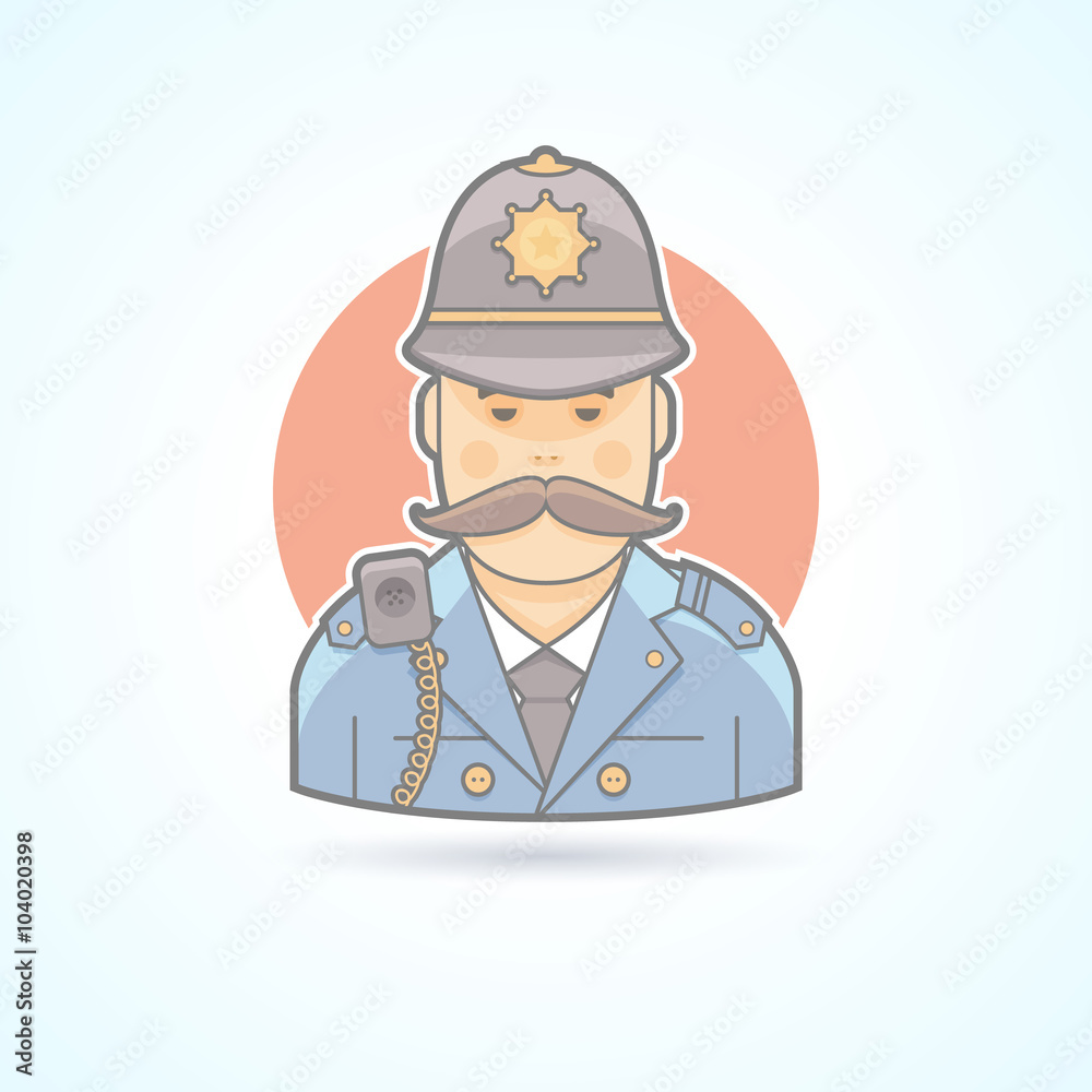 English policeman, british bobby icon. Avatar and person illustration. Flat colored outlined style.