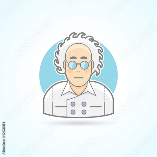 Crazy scientist look, nerd in glasses and overall icon. Avatar and person illustration. Flat colored outlined style.