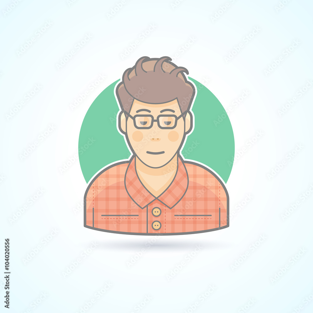 Nerd, student, hipster, smart guy icon. Avatar and person illustration. Flat colored outlined style.