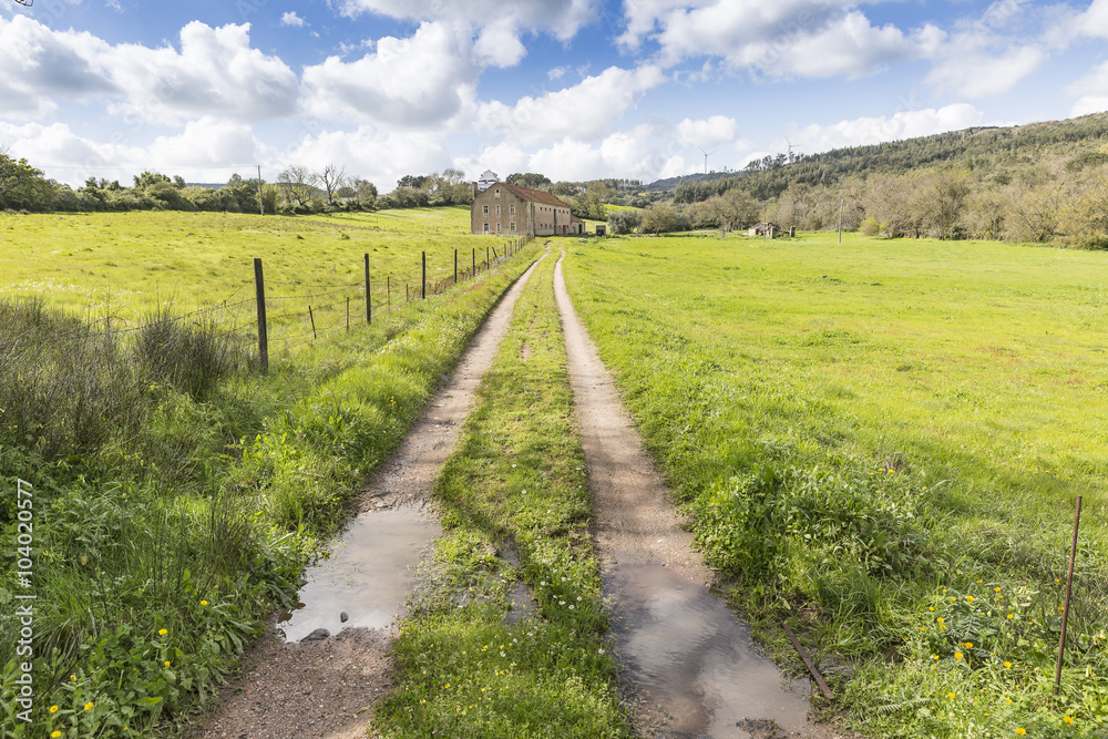a rural path through a green mountain and a blue sky