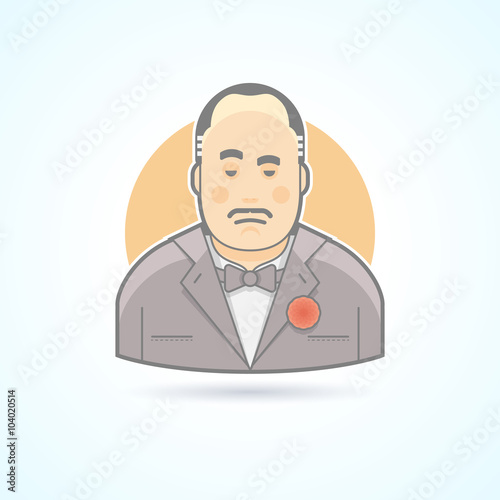 Italian mafiosi, criminal leader, Don Corleone icon. Avatar and person illustration. Flat colored outlined style.