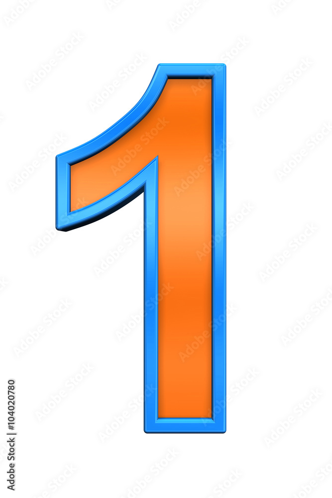 One digit from orange glass with blue frame alphabet set, isolated on white. Computer generated 3D photo rendering. One digit from orange glass with blue frame alphabet set, isolated on white. Computer generated 3D photo rendering.