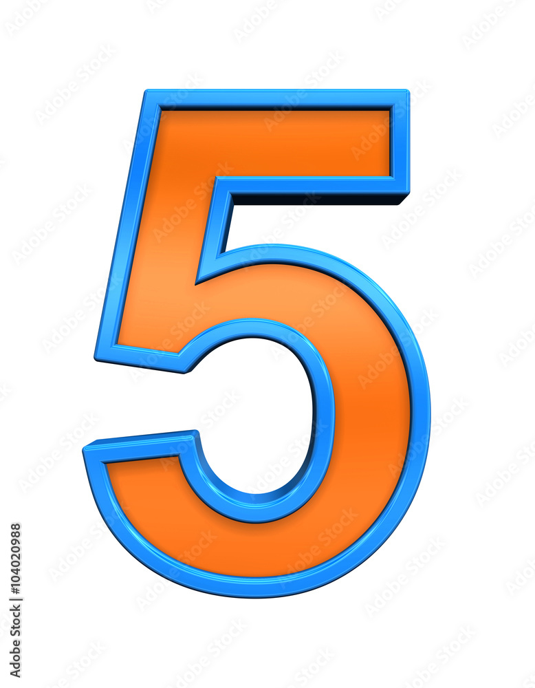One digit from orange glass with blue frame alphabet set, isolated on white. Computer generated 3D photo rendering.