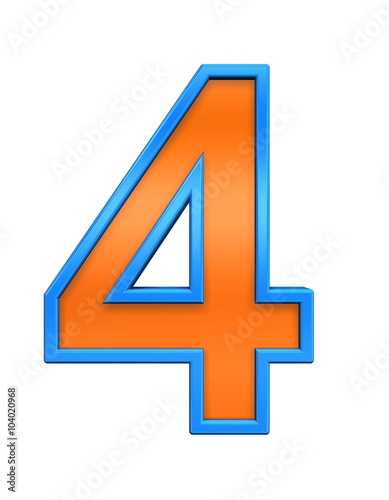 One digit from orange glass with blue frame alphabet set, isolated on white. Computer generated 3D photo rendering.