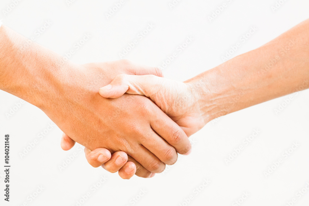 Shaking hands of two male people, isolated on white. Shaking hands of two male people, isolated on white.