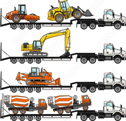 Set of auto transporter and heavy construction machines isolated on white background in flat style in different positions. Vector illustration.