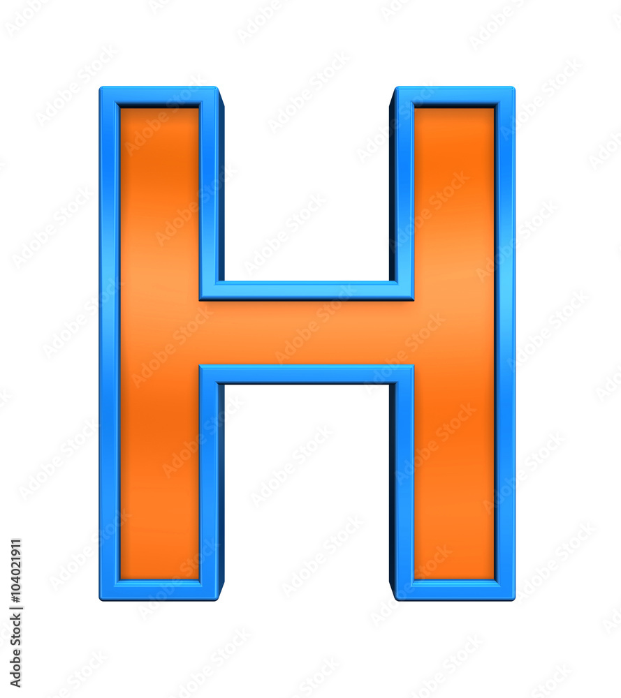 One letter from orange glass with blue frame alphabet set, isolated on white. Computer generated 3D photo rendering.