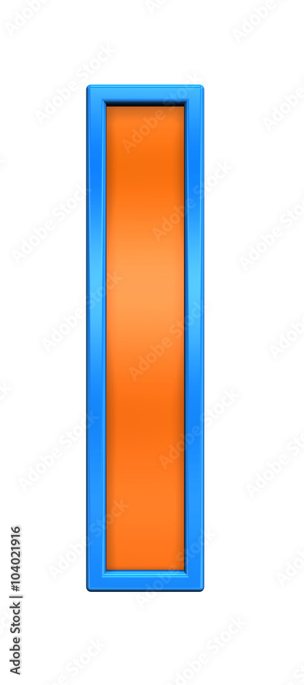One letter from orange glass with blue frame alphabet set, isolated on white. Computer generated 3D photo rendering.