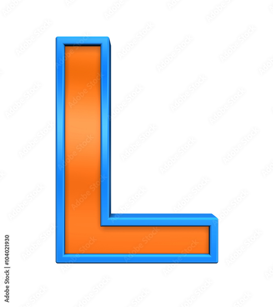 One letter from orange glass with blue frame alphabet set, isolated on white. Computer generated 3D photo rendering. One letter from orange glass with blue frame alphabet set, isolated on white. Computer generated 3D photo rendering.