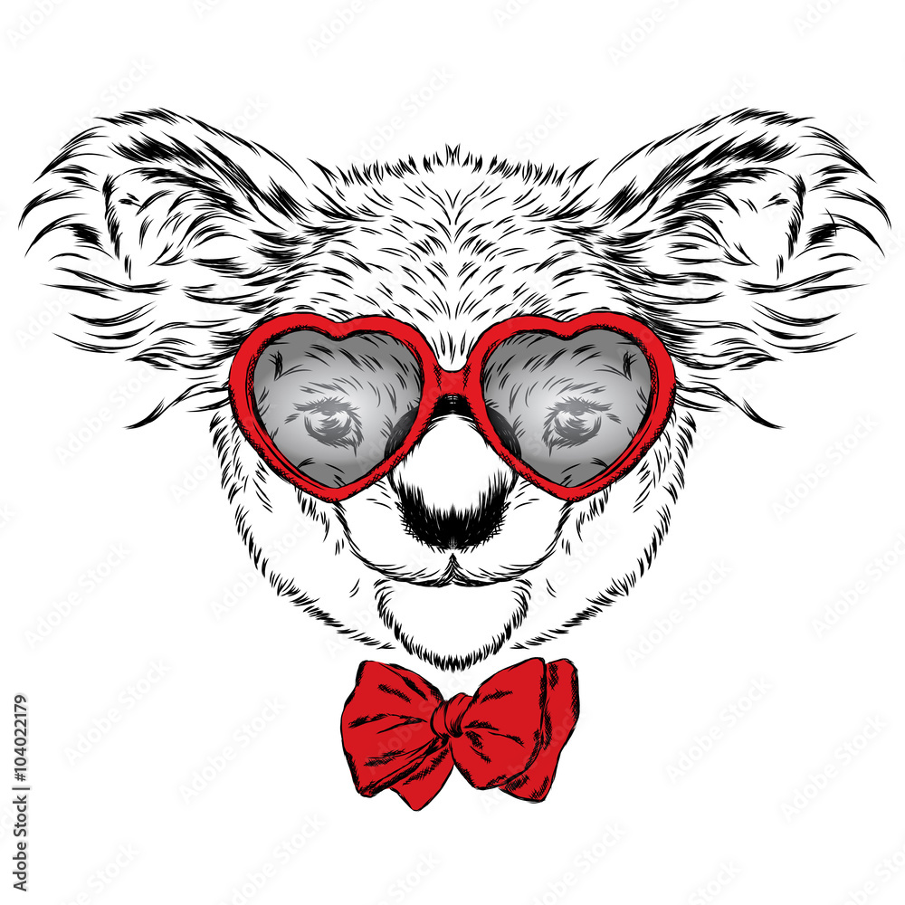 Fototapeta premium Cute koala. St. Valentine's Day. Love. Hearts. Koala vector. Greeting card with bear. Australia. America, USA. Koala wearing glasses.