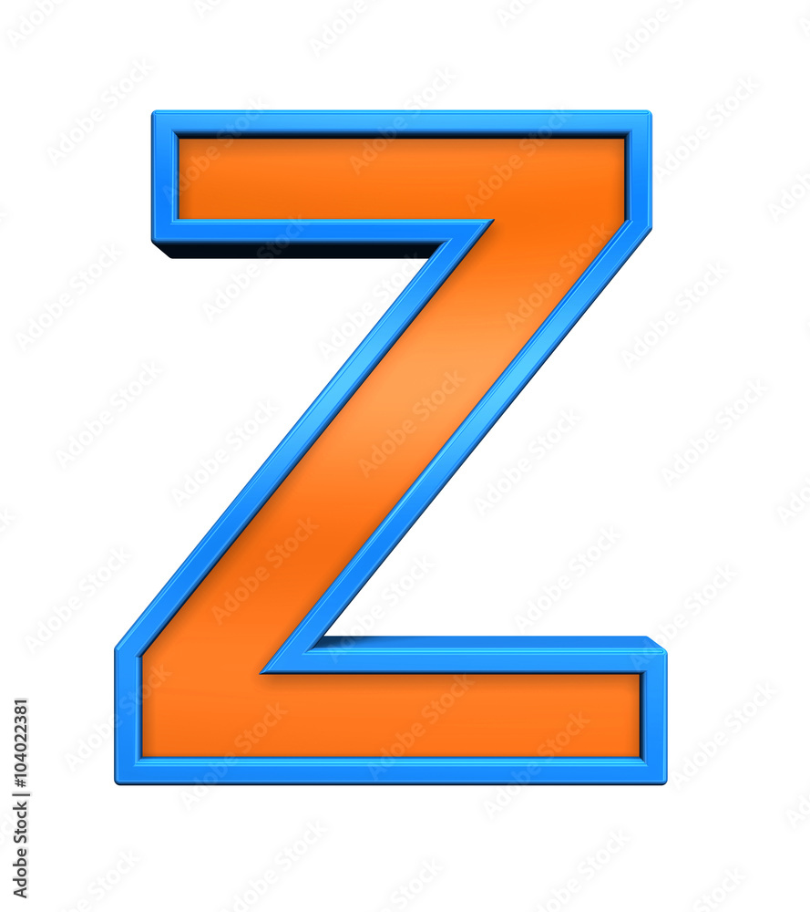 One letter from orange glass with blue frame alphabet set, isolated on white. Computer generated 3D photo rendering. One letter from orange glass with blue frame alphabet set, isolated on white. Computer generated 3D photo rendering.