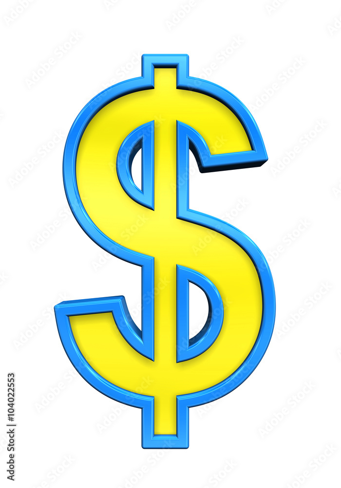 Dollar sign from yellow glass with blue frame alphabet set, isolated on white. Computer generated 3D photo rendering. Dollar sign from yellow glass with blue frame alphabet set, isolated on white. Computer generated 3D photo rendering.