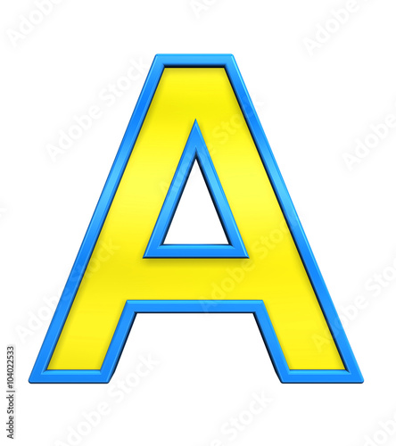 One letter from yellow glass with blue frame alphabet set, isolated on white. Computer generated 3D photo rendering.