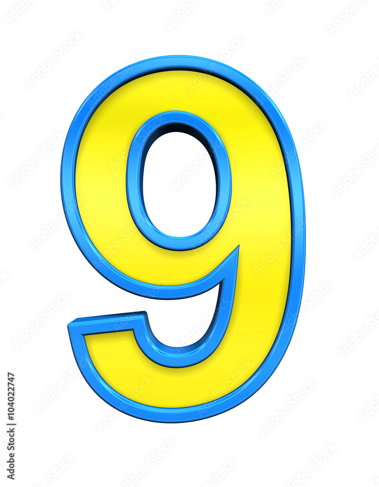 One digit from yellow glass with blue frame alphabet set, isolated on white. Computer generated 3D photo rendering. One digit from yellow glass with blue frame alphabet set, isolated on white. Computer generated 3D photo rendering.