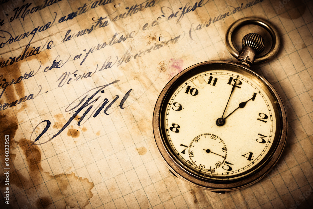 The End of an Era, Old Italian Text with Pocket Watch The End of an Era, Old Italian Text with Pocket Watch