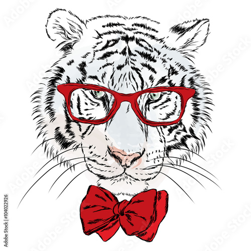 Fototapeta Naklejka Na Ścianę i Meble -  Vector tiger wearing glasses with hearts. St. Valentine's Day. Hipster. Greeting card with a tiger. Print.