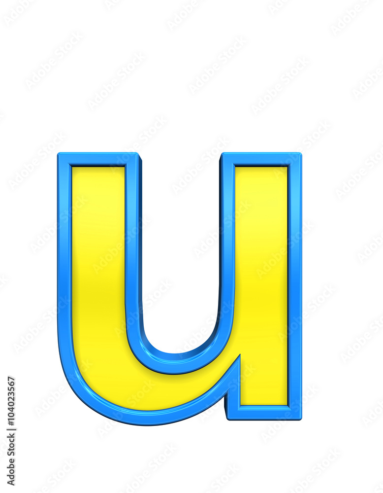 One lower case letter from yellow glass with blue frame alphabet set, isolated on white. Computer generated 3D photo rendering.