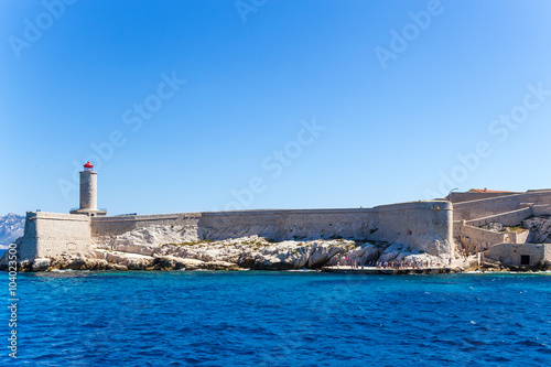 Frioulian archipelago, France. Fortress, a pier and lighthouse on the island of If