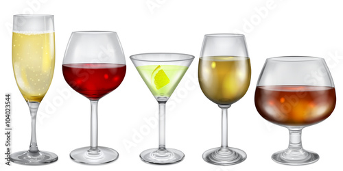 Transparent glasses and stemware with drinks