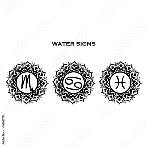 Zodiac symbols water element mandala, Pisces, Cancer, Scorpio