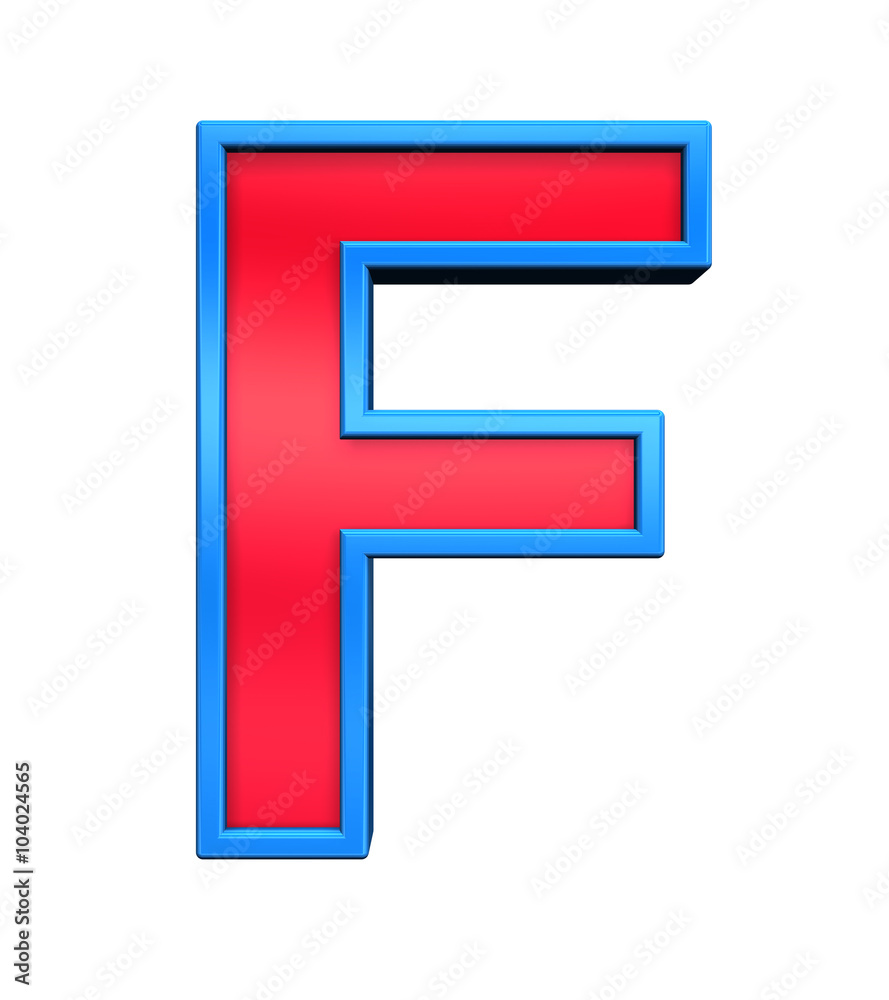 One letter from red glass with blue frame alphabet set, isolated on white. Computer generated 3D photo rendering. One letter from red glass with blue frame alphabet set, isolated on white. Computer generated 3D photo rendering.