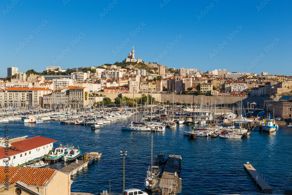 Marseille. View of the Old Port and the Basilique Notre-Dame de la Garde
