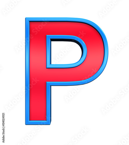 One letter from red glass with blue frame alphabet set, isolated on white. Computer generated 3D photo rendering.