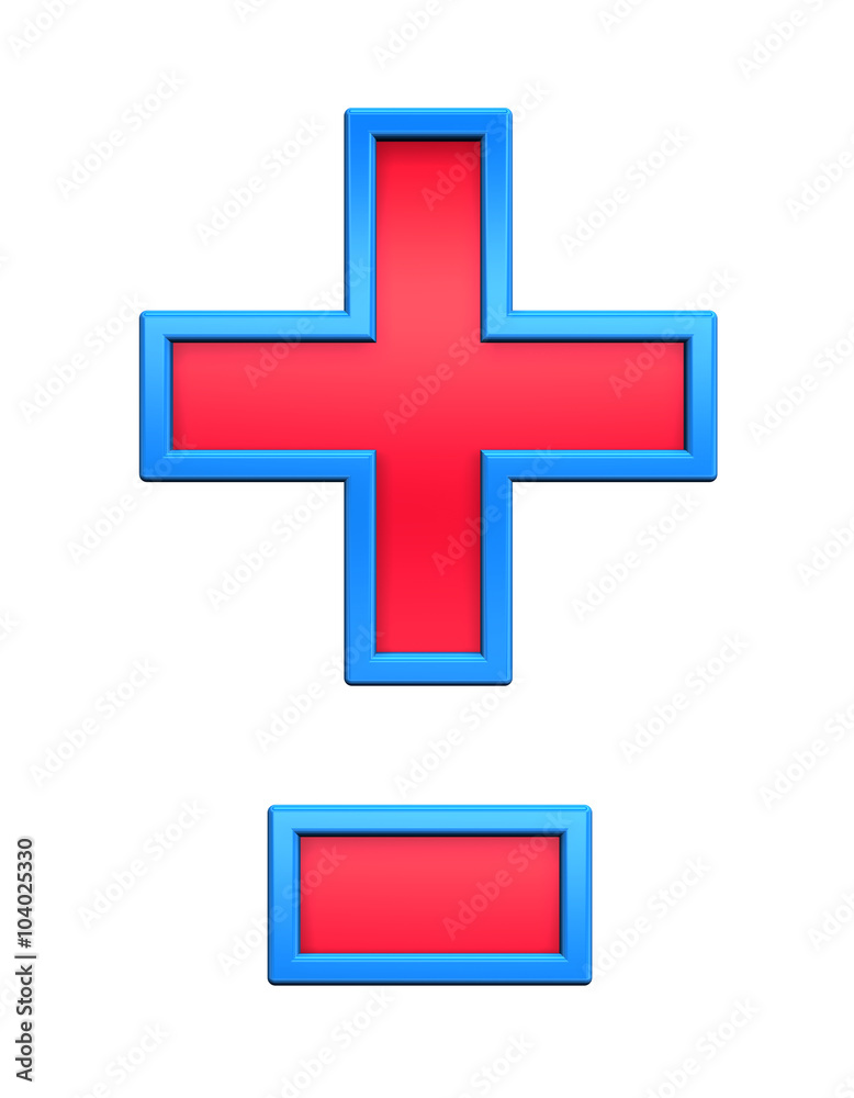 Fototapeta premium Hyphen, minus, plus marks from red glass with blue frame alphabet set, isolated on white. Computer generated 3D photo rendering.