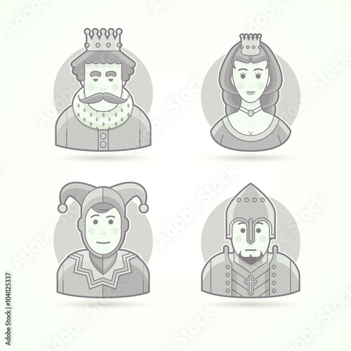King in crown, royal person, queen, princess, court jecter, knight warrior. Set of character, avatar and person vector illustrations. Flat black and white outlined style.