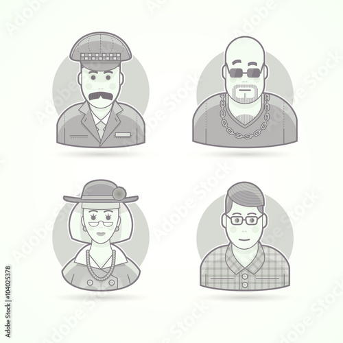 Taxi driver,  nightclub bouncer, elegant oldlady, nerd, clever young man. Set of character, avatar and person vector illustrations. Flat black and white outlined style.