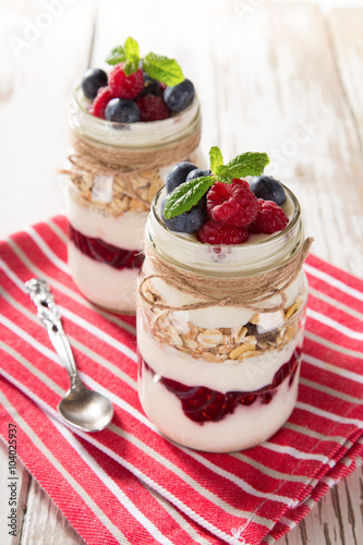 Tasty yoghurts with muesli,...