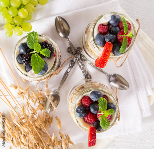 Tasty yoghurts with muesli,...