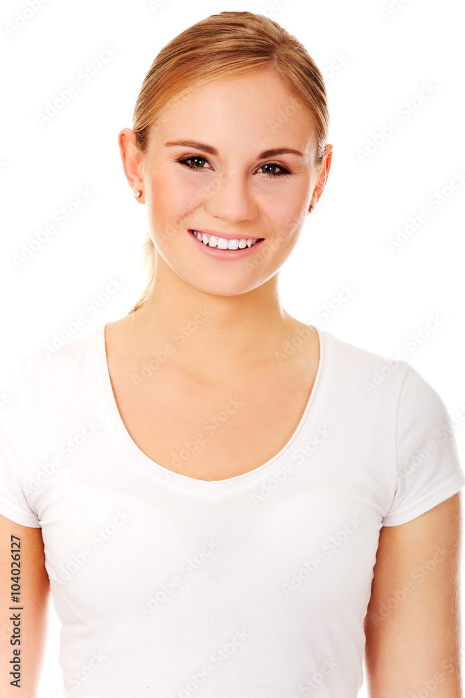 Young smiling blonde woman in white t-shirt Young smiling blonde woman in white t-shirt