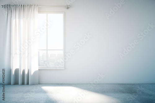 Blank white wall with window and concrete floor, mock up, 3d ren photo