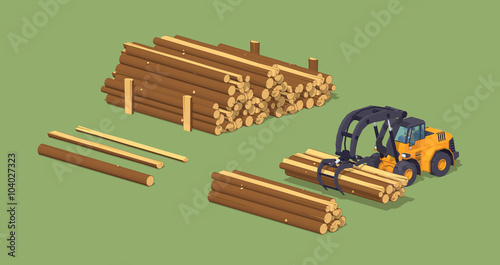 Log loader and the log piles. 3D lowpoly isometric vector concept illustration