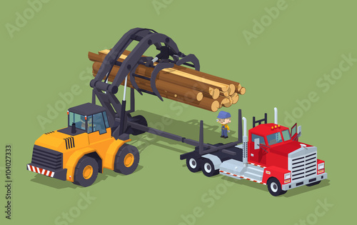 Logs loading on truck. 3D lowpoly isometric vector concept illustration