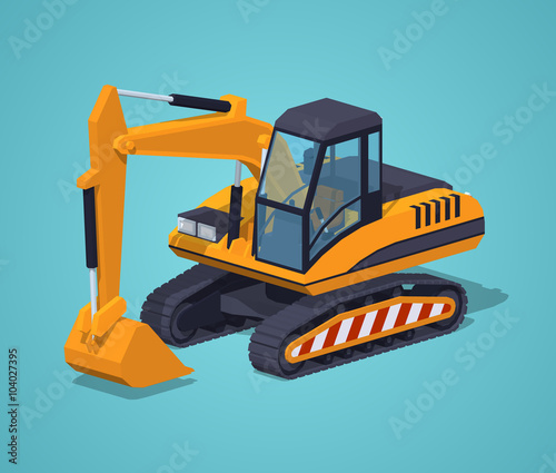 Yellow excavator against the blue background. 3D lowpoly isometric vector illustration