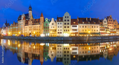 Panorama of Old Town of Gdansk, Dlugie Pobrzeze and Motlawa River at night, Poland