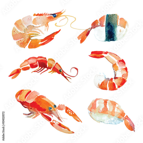 Watercolor hand drawn sushi, seafood.