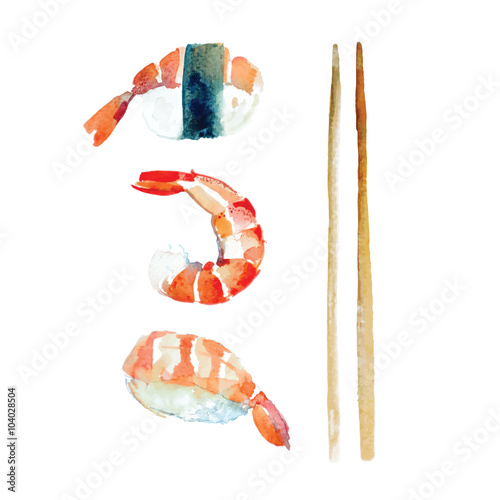 Watercolor Set of sushi with shrimp.