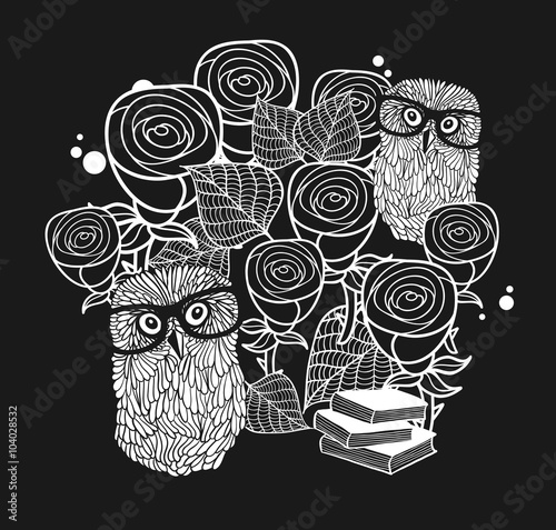Smart owls in roses.