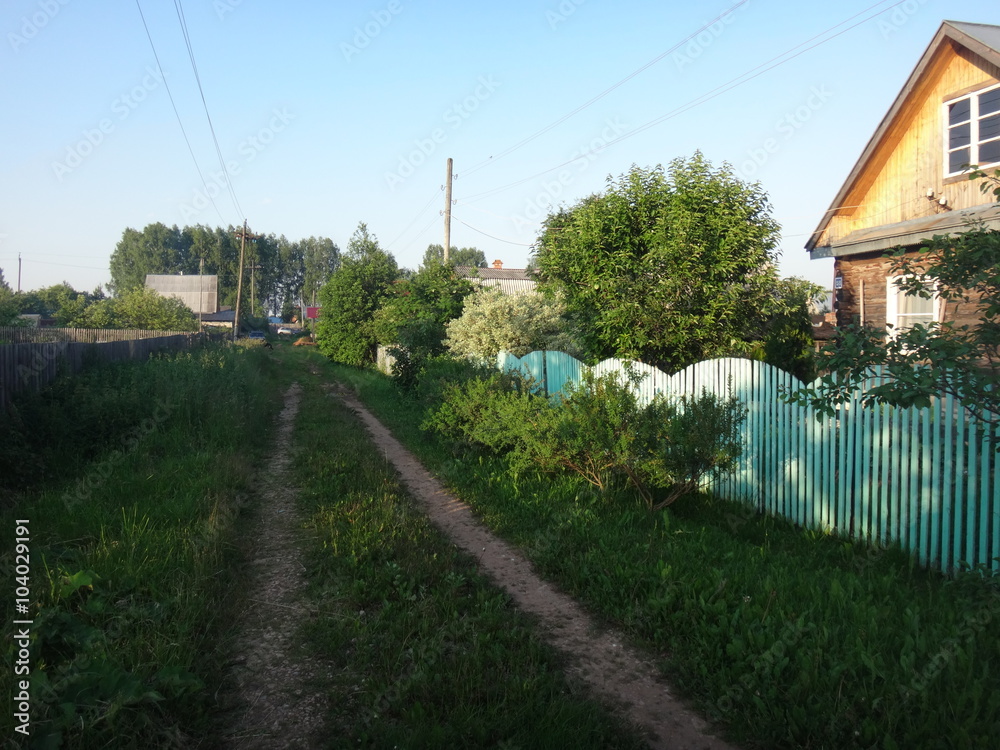 Деревенский домик на деревенской улице в окружении зелени летним солнечным днем