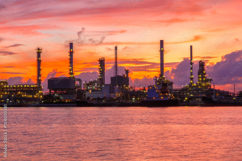 Oil refinery along the river at Dusk (Bangkok, Thailand)