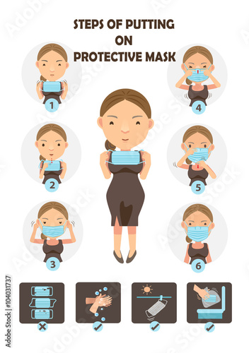 Protective mask   steps of putting on protective mask .Woman wearing surgical masks in a circle cartoon vector illustration.