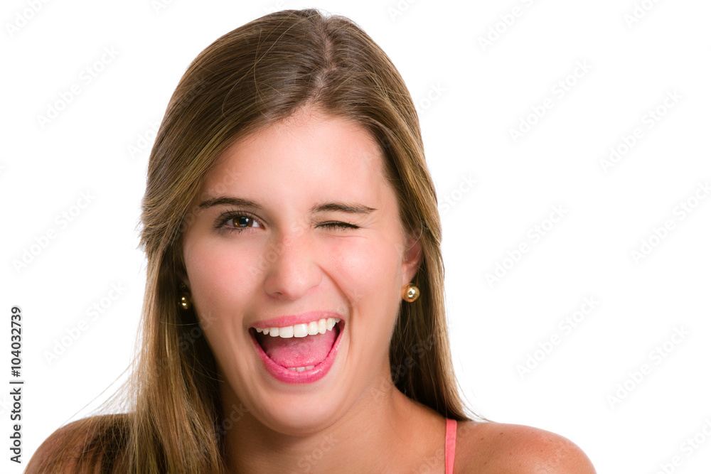 Hispanic young woman winking eye. Hispanic young woman winking eye.
