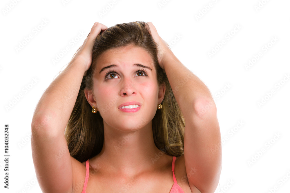 Hispanic young woman with Desperate and concern expression. Hispanic young woman with Desperate and concern expression.